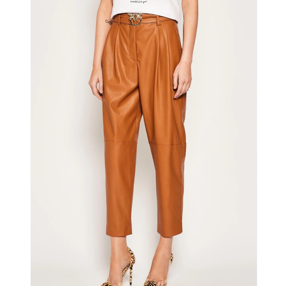 NWT Pinko Raphaela belted vegan leather trouser women’s size 4 tan beige